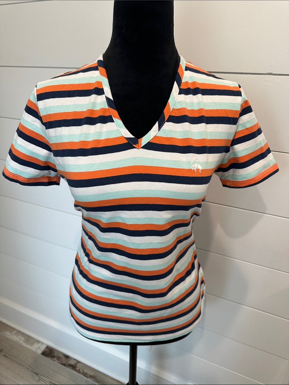 Brooks Brothers Striped V-Neck Tee in Navy, White, Orange, Mint